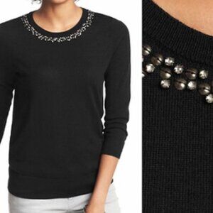 ANN TAYLOR LOFT Black Knit Rhinestone Embellished 3/4 Sleeve Sweater PETITE SP